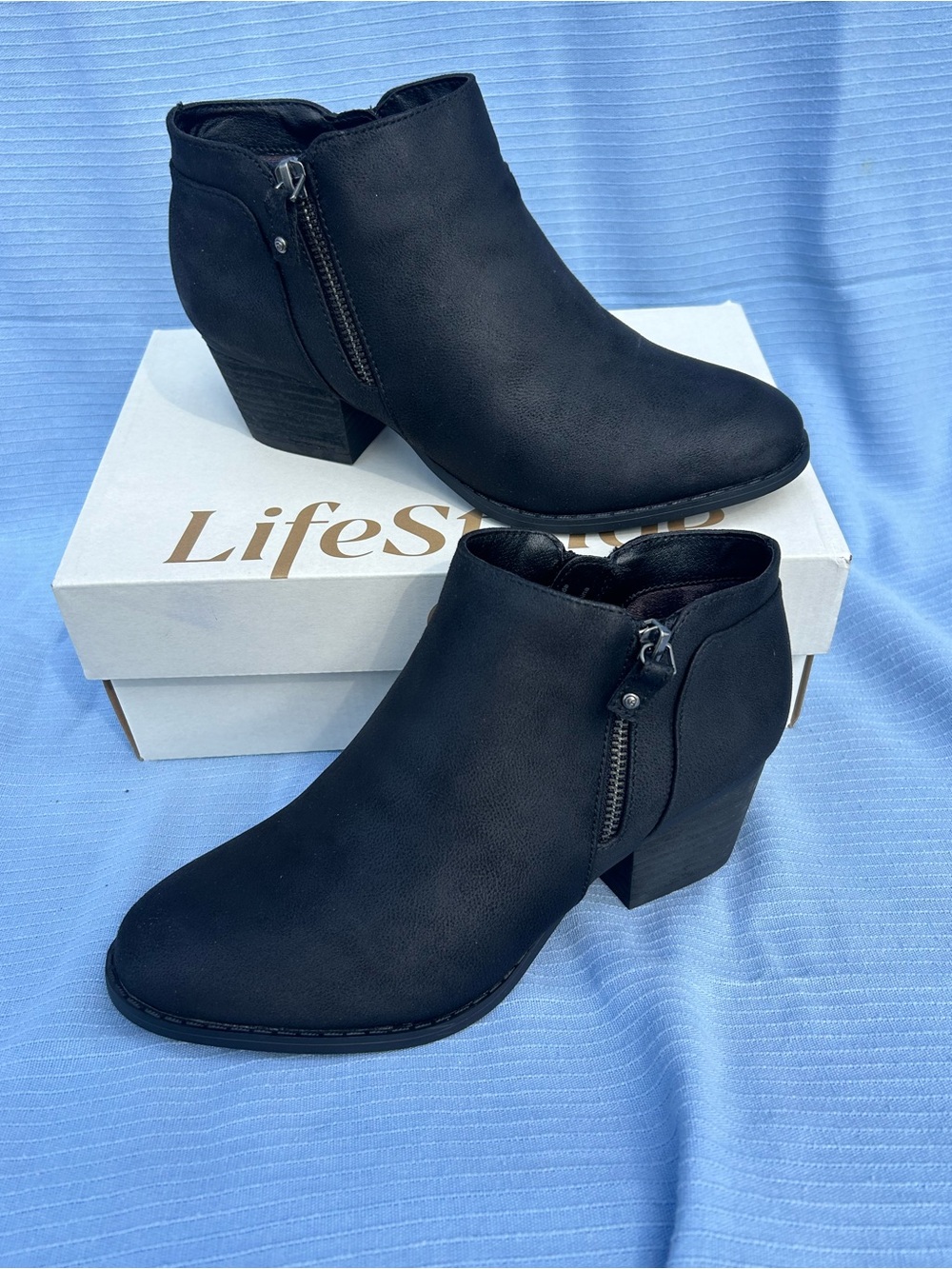 Life Stride Black Faux-Leather Ankle Booties with Side Zip